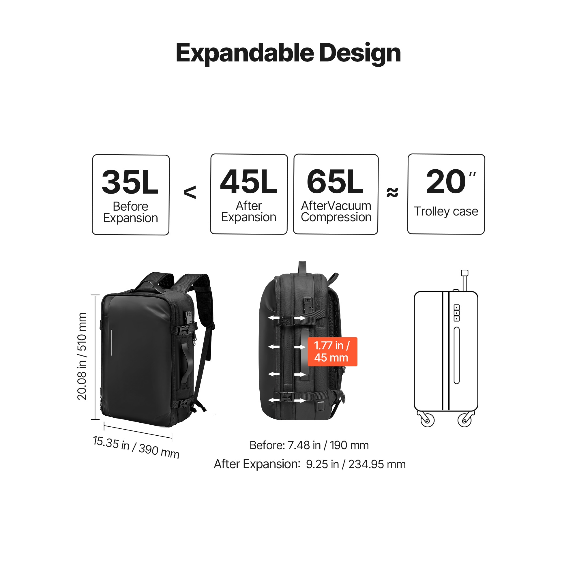 Vacuum Travel Backpack With Tsa Lock Expandable Carry On Bag Black_voghion.com